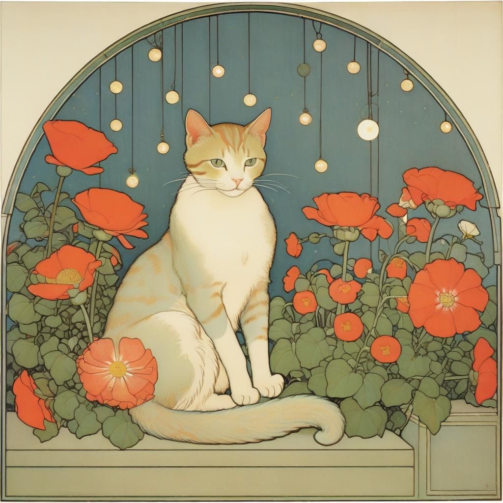 Cat Surrounded by Flowers in Pre-Raphaelite Style