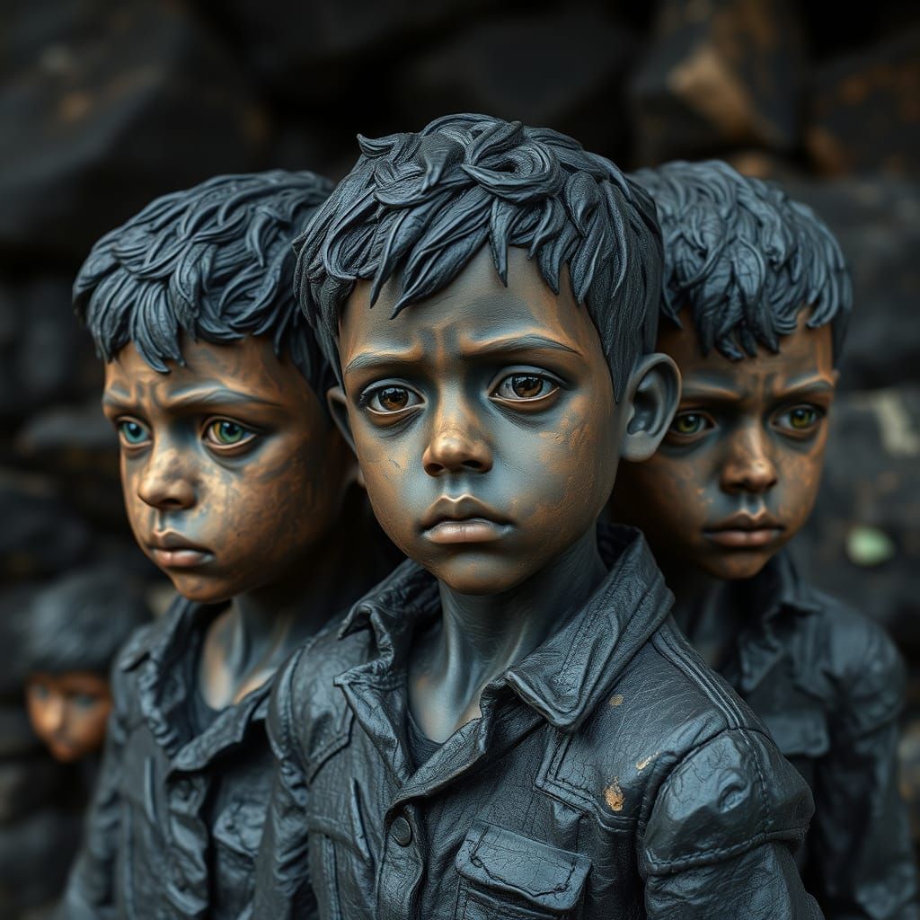 Bronzed Coal Sculpture of Triumphant Young Miners from the R...