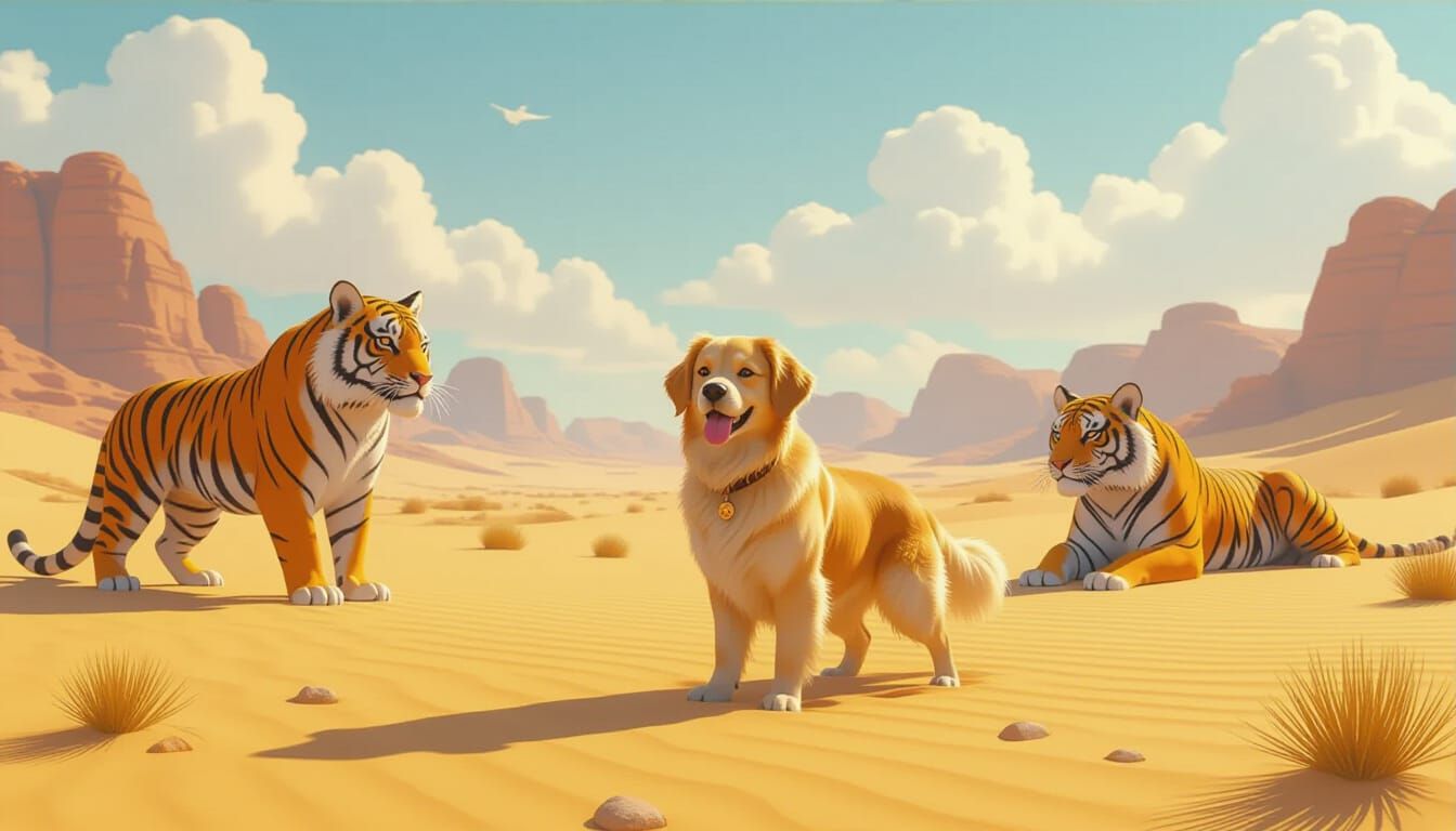 Golden Retriever and Tigers in Anime-Style Desert