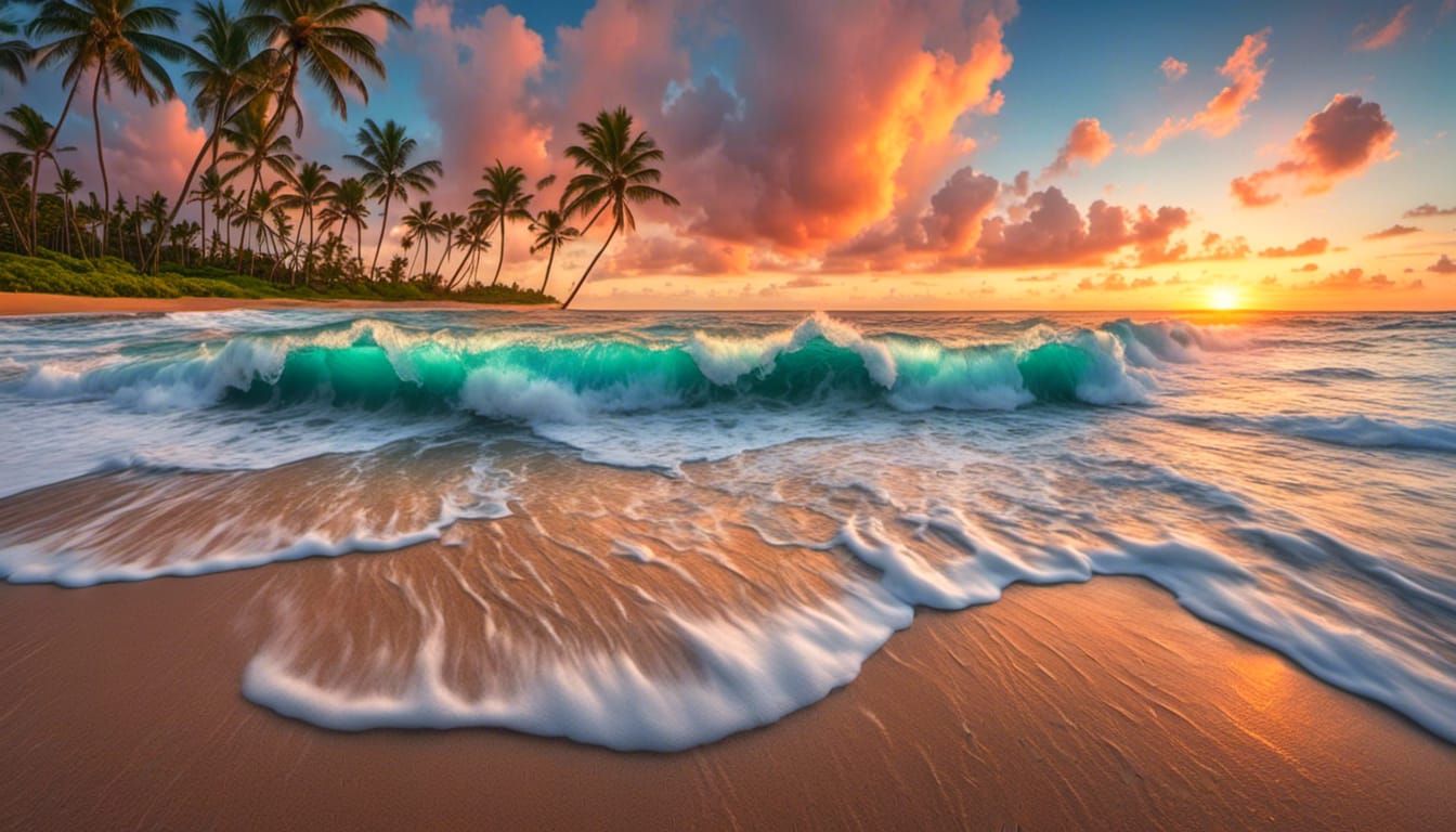 Tropical Beach Sunset with Palm Trees
