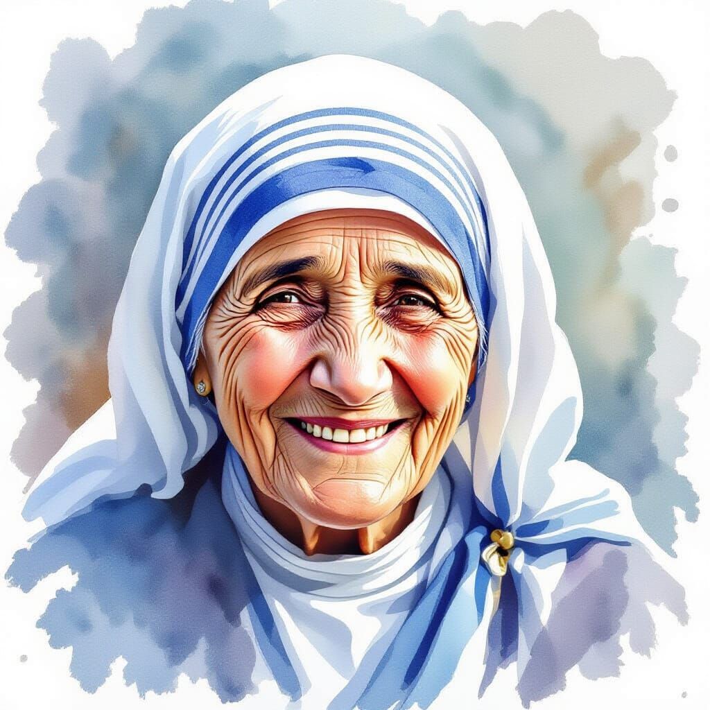 Kind Mother Teresa Portrait in Watercolor Style