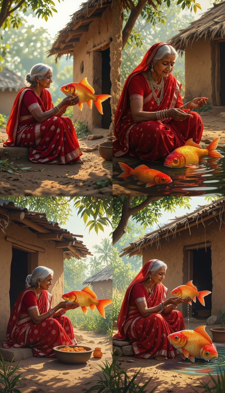 Grandma Feeds Magical Fish by Mud House in Rural India