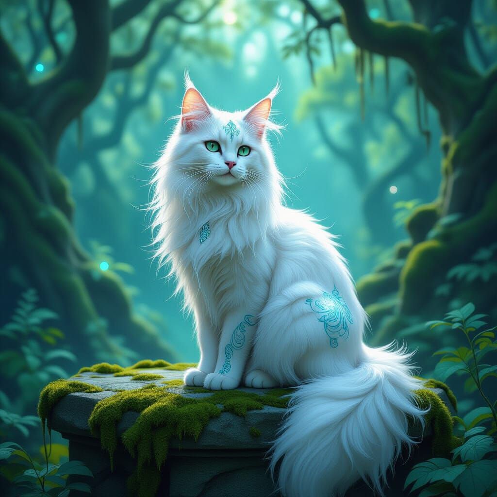 Ethereal Moonlit Cat on Ancient Altar in Art Nouveau Style