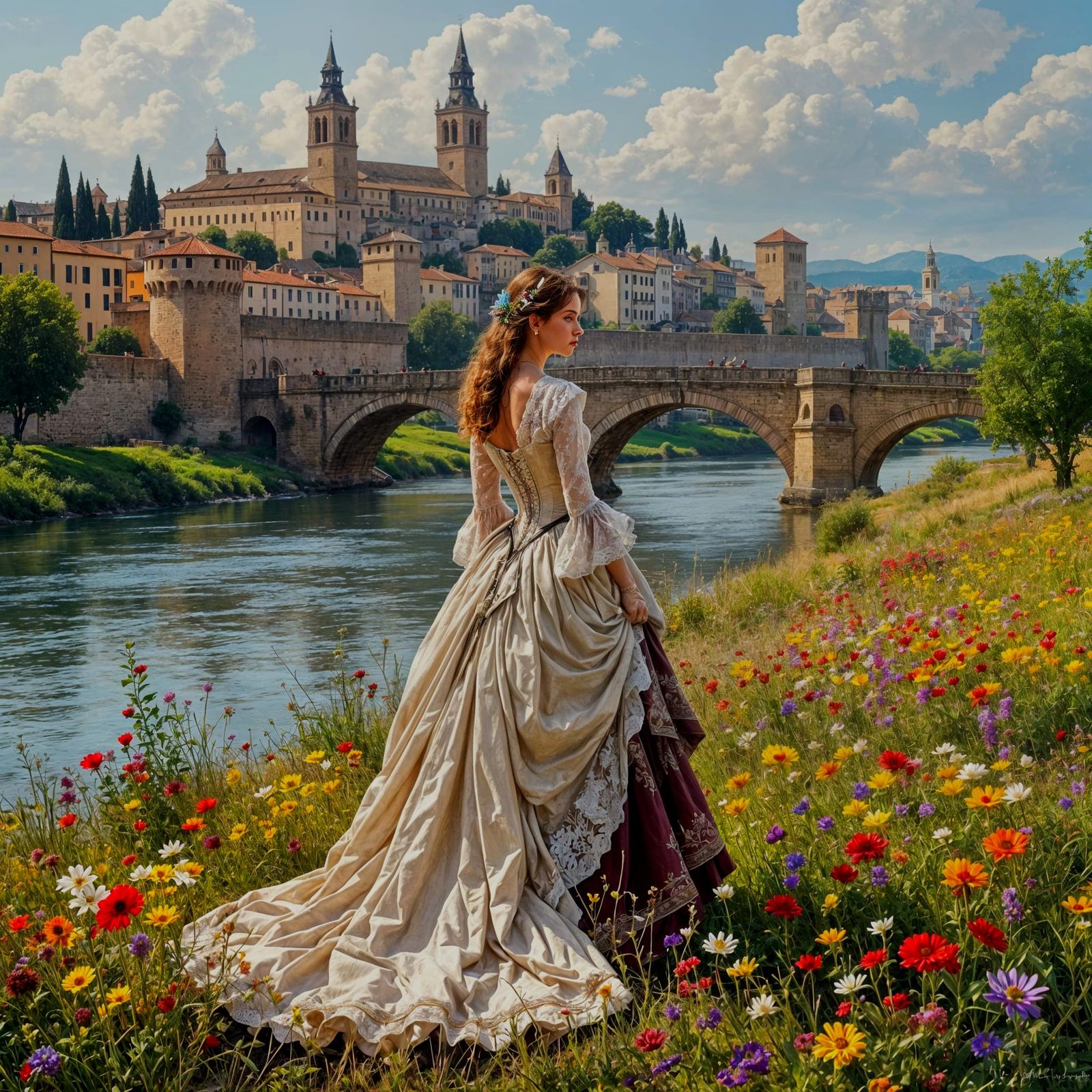 Elegant 1500s Woman by River with Medieval City