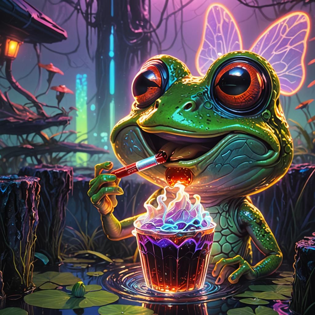 Frog Sipping Coke in a Neon Swamp, Digital Art