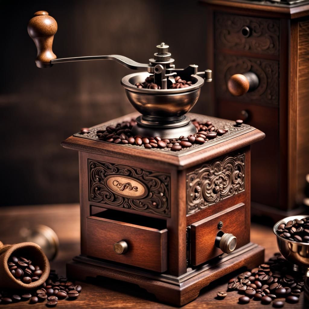 Hyperrealistic Photo of an Antique Coffee Grinder