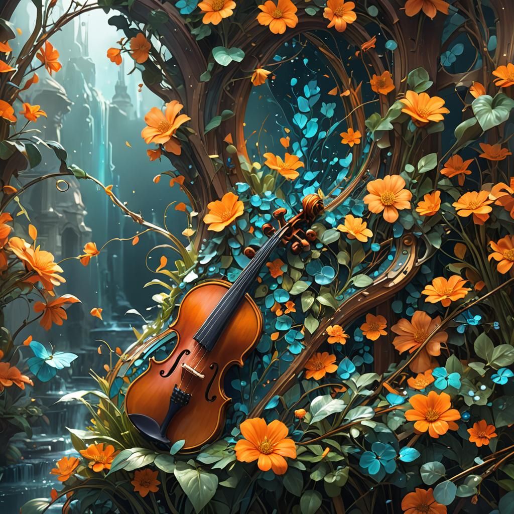 Nature Music Violin in Hyperdetailed Splash Art