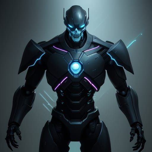 Glowing Cybernetic Judge Stands Tall in Neon-Lit Shadows