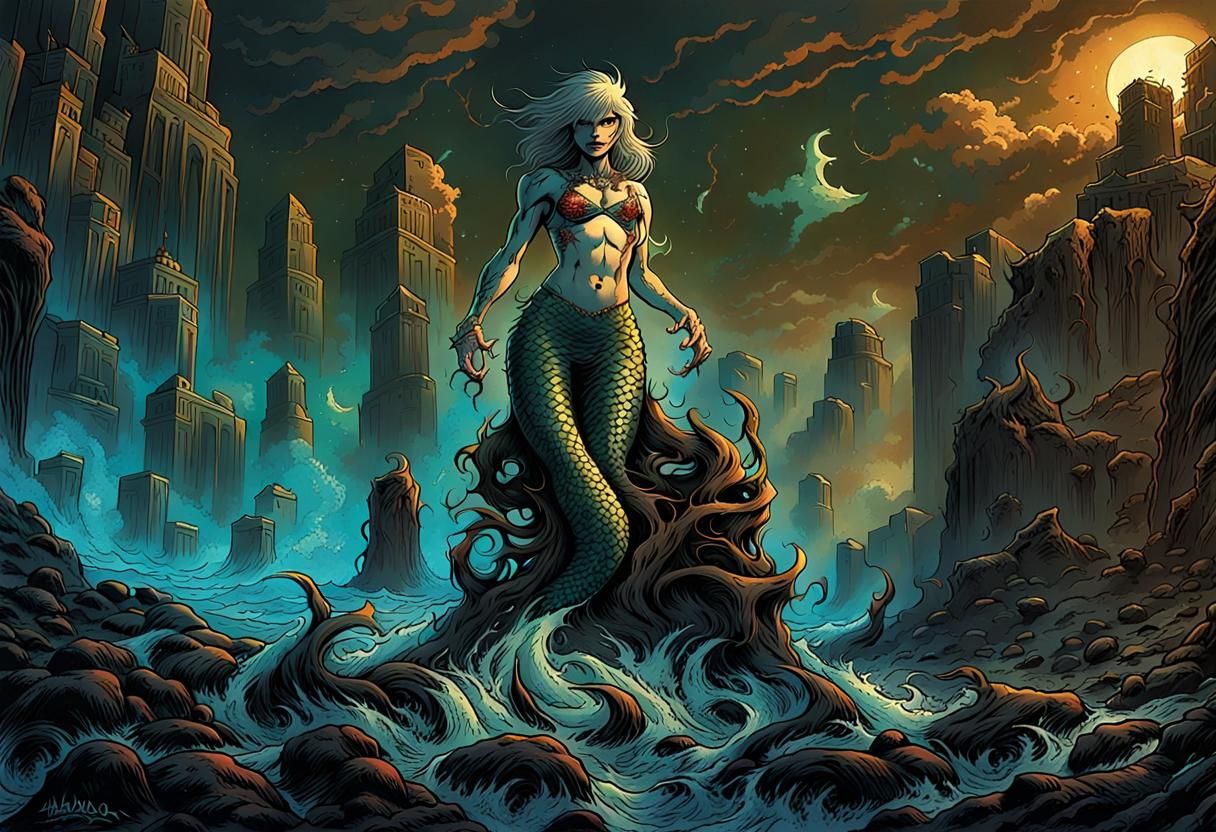 Thrash Metal Mermaid Album Cover in Comic Style