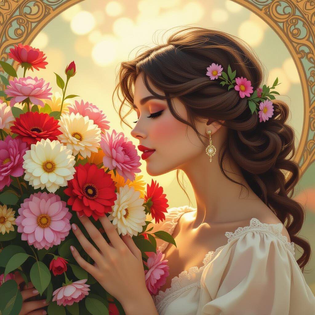 Person Smelling Flowers in Art Nouveau Style