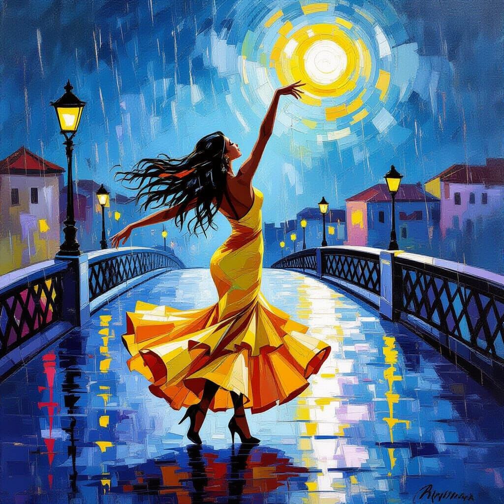 Flamenco Dancer in Rain, Cubist Style on Bridge