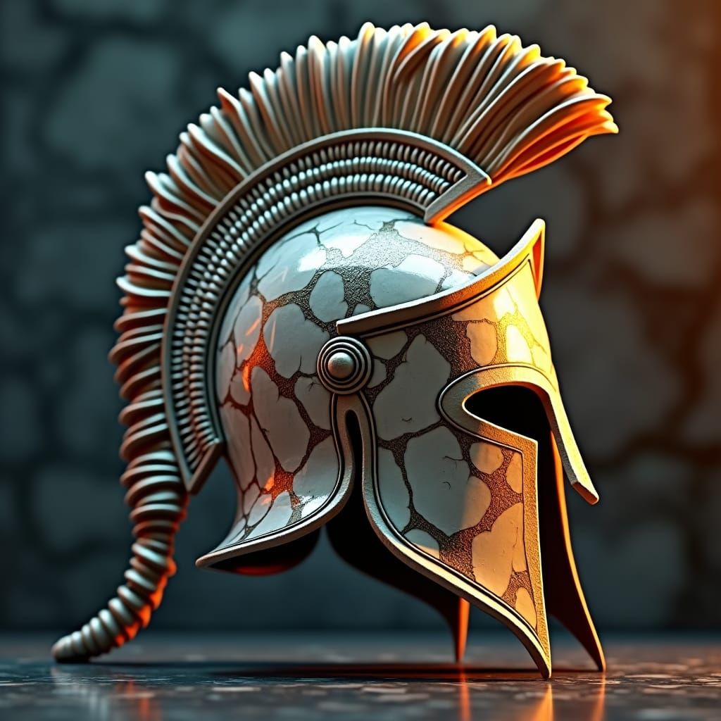 Marble Spartan Helmet in Photorealistic Splash Art Style