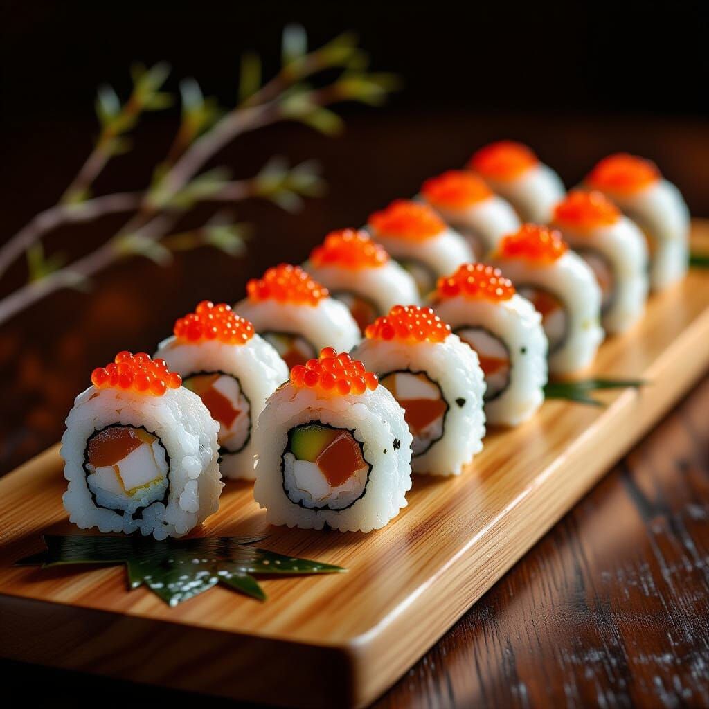 Hyperrealistic Sushi Rolls with Caviar and Seaweed