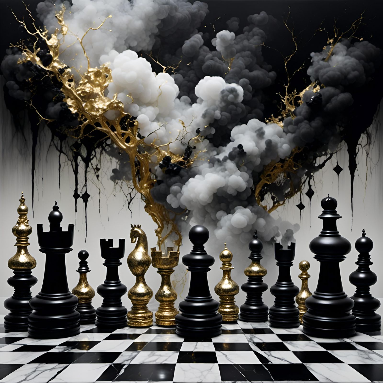 Surreal Chess Game in Monochrome Landscape