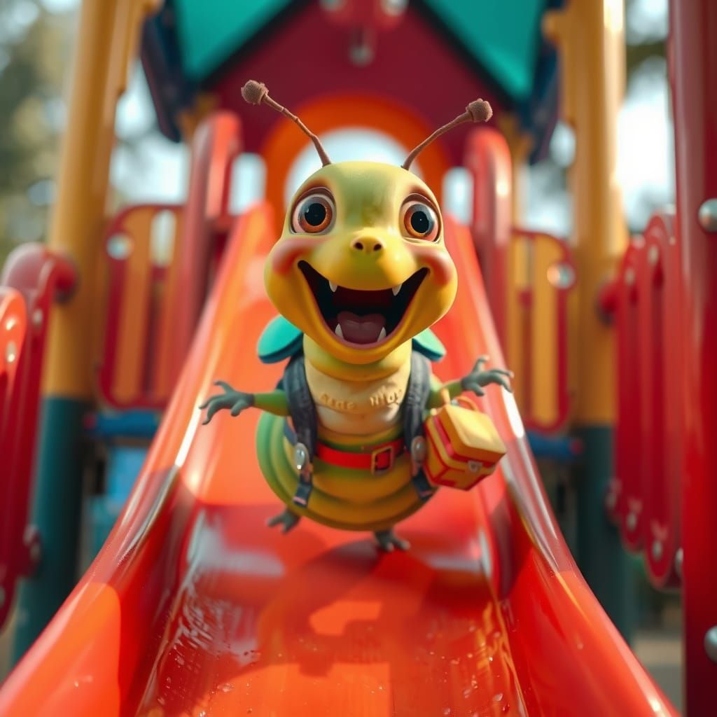 an excited caterpillar wearing a tiny backpack sliding down ...
