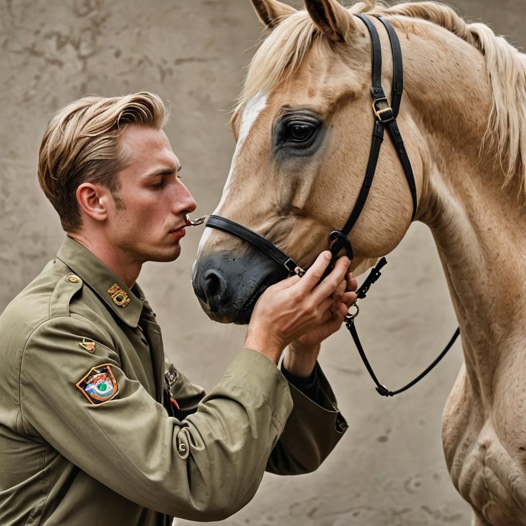 Man and Pearlino Horse Stroking Noses