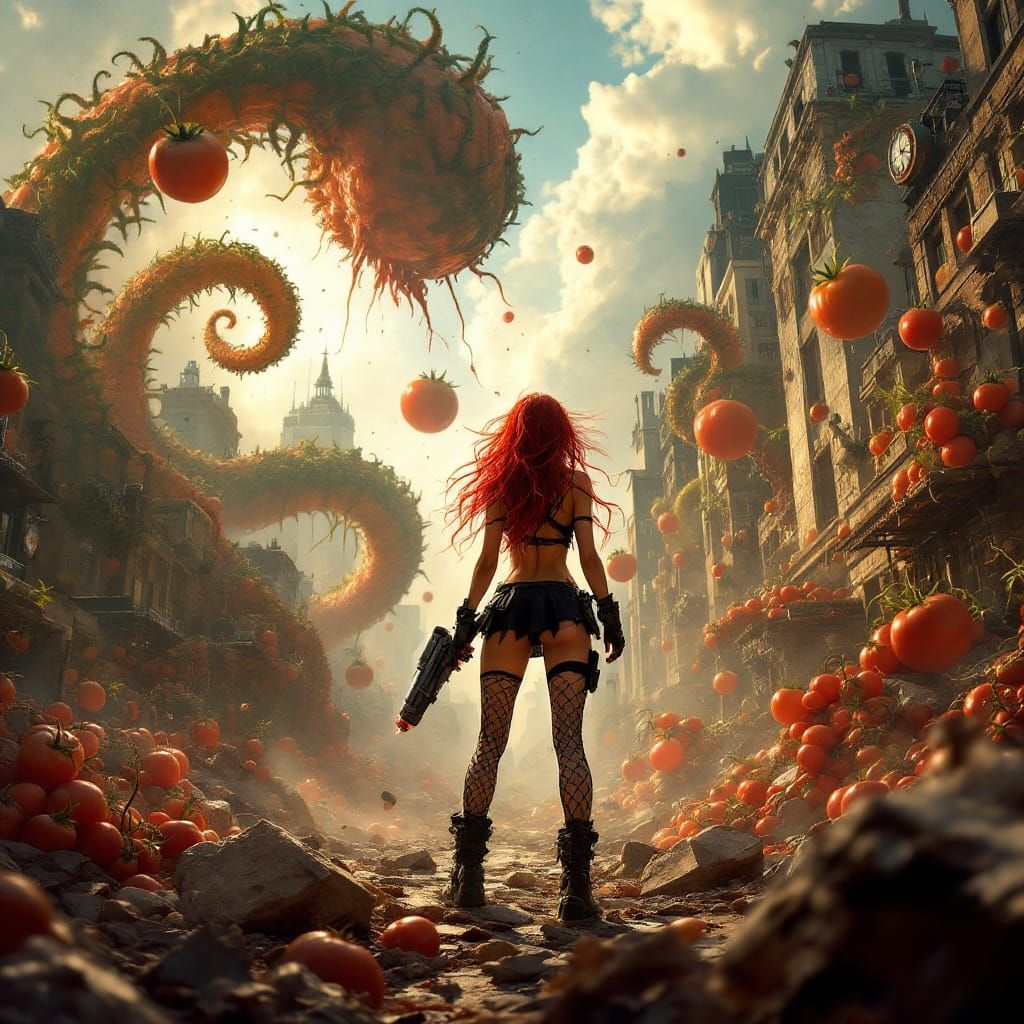 Warrior Versus Mutant Tomatoes in Ruined Cityscape