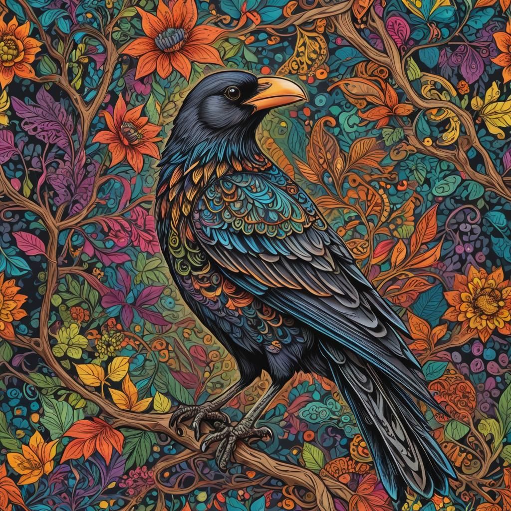 Colorful Crow on Branch with Zentangle Background