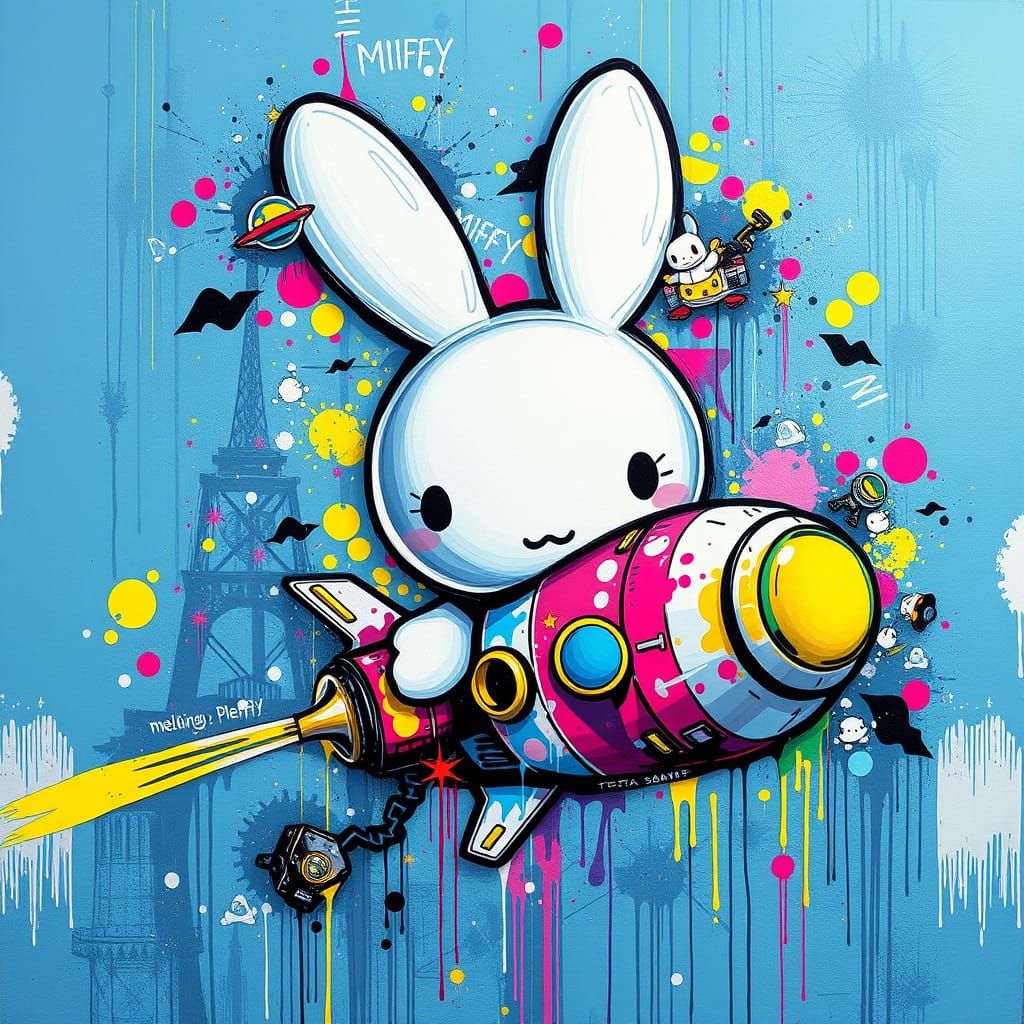 Vibrant Bunny Spaceship in Graffiti Style