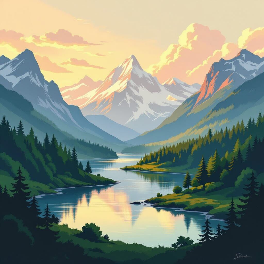 Dreamy Landscape Painting with Lush Forests and Mountains