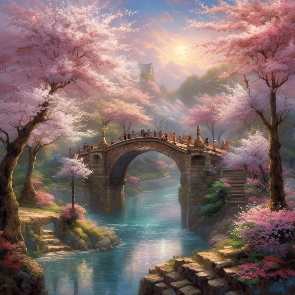 Cherry Blossoms and Bridge in Hyperreal Style