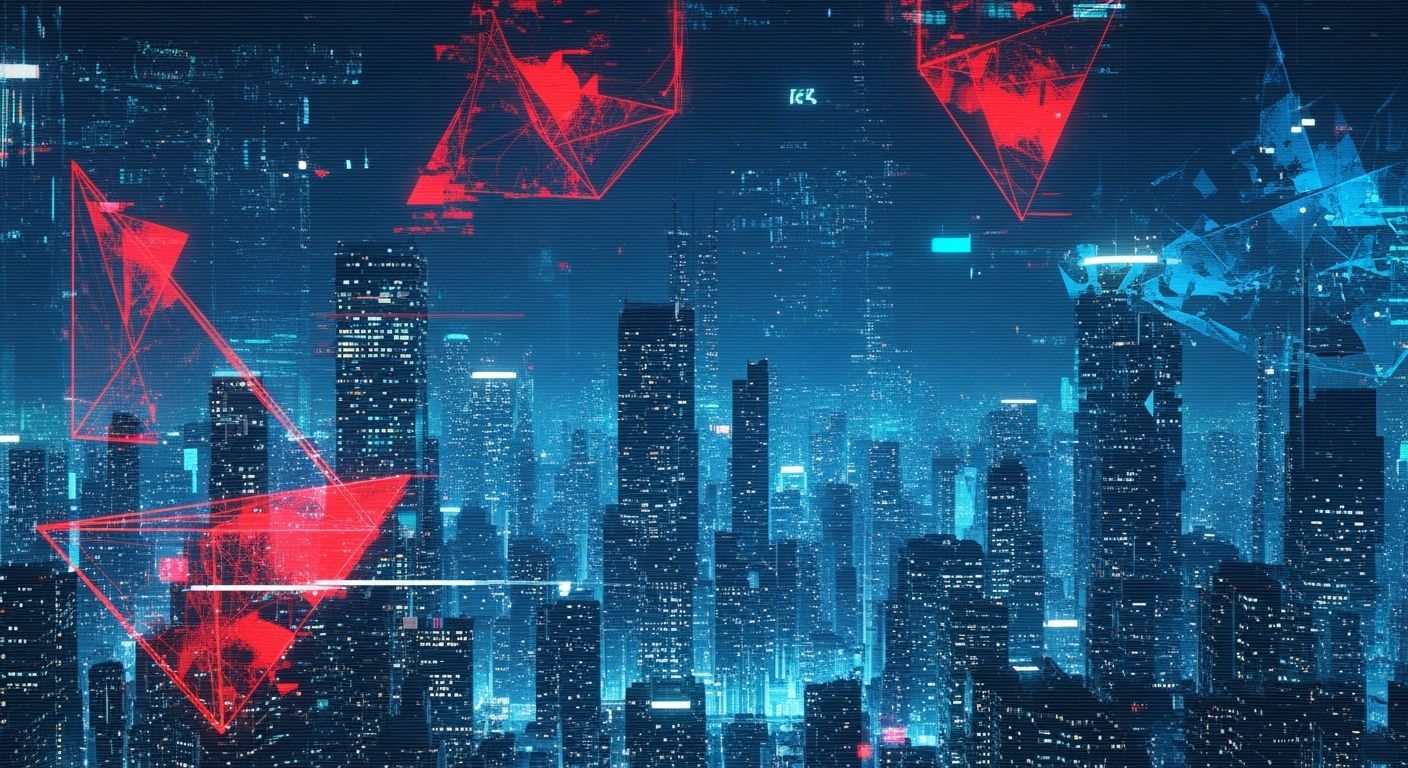 Fractured Futuristic Cityscape with Digital Glitch Overlay
