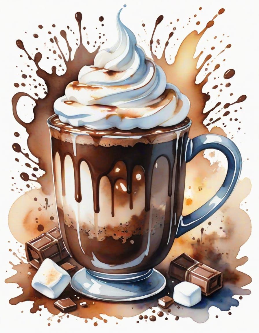 Hot Chocolate with Marshmallows in Watercolor Style