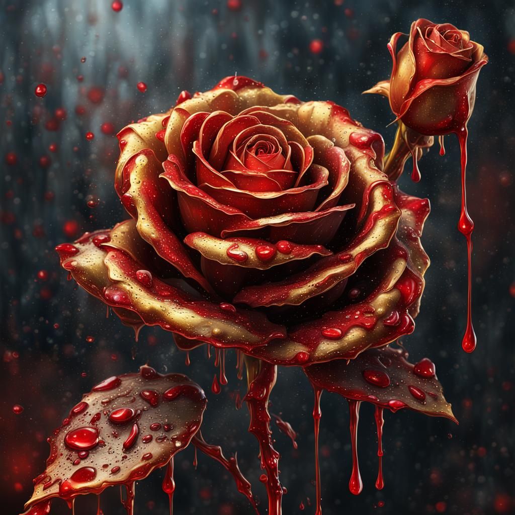 Golden Rose with Blood, Horror Digital Painting