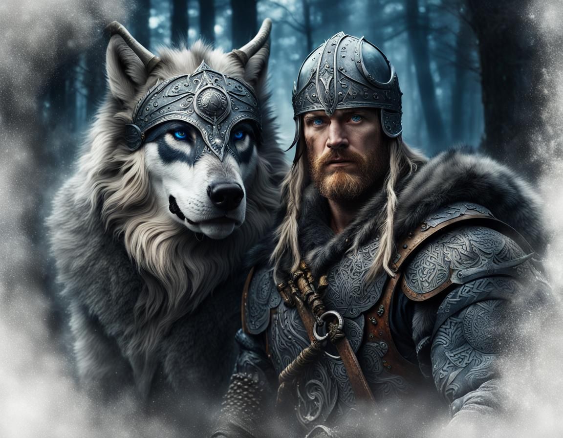 Viking Warrior and Armored Wolf Portrait
