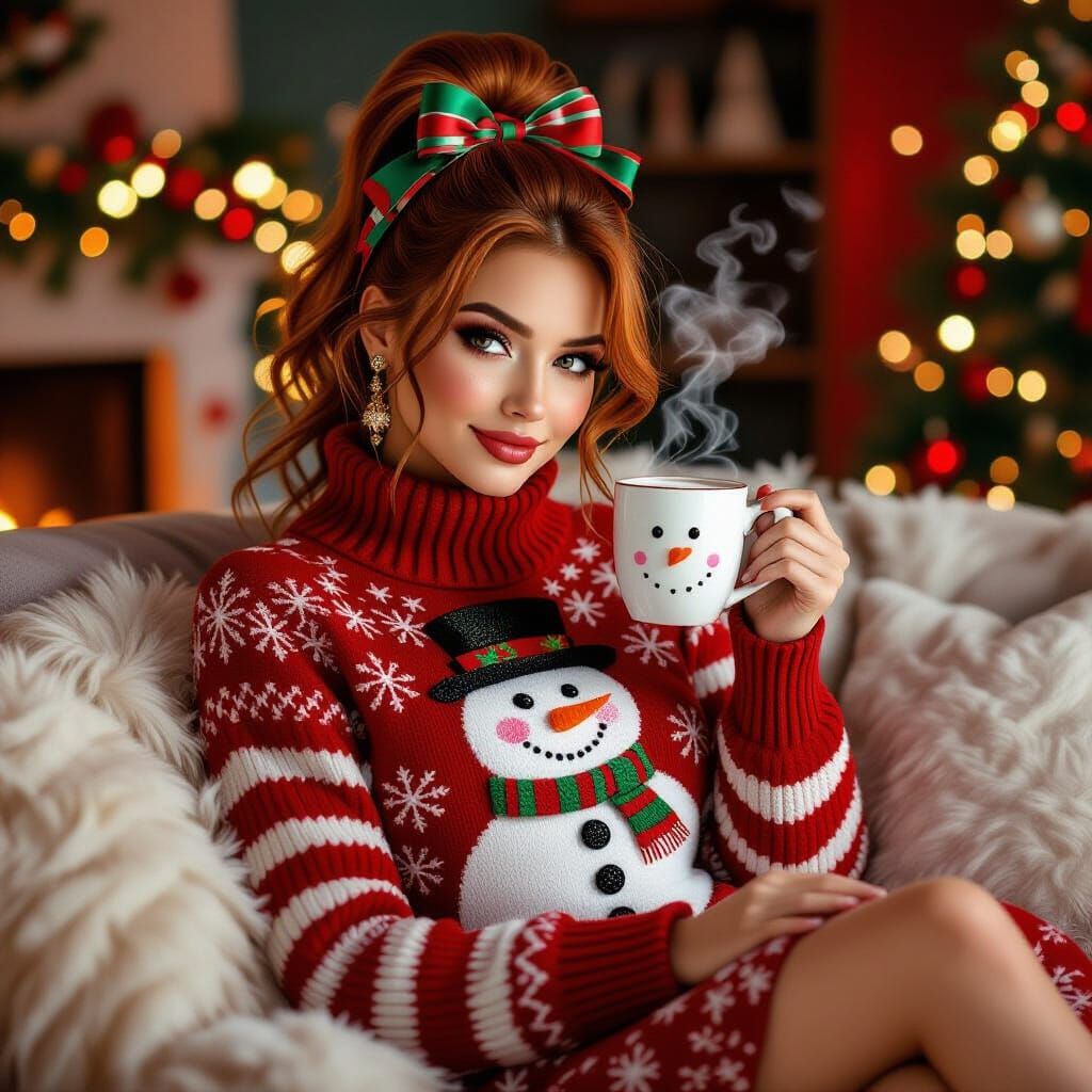 Gorgeous auburn-haired beauty with dazzling holiday makeup, ...