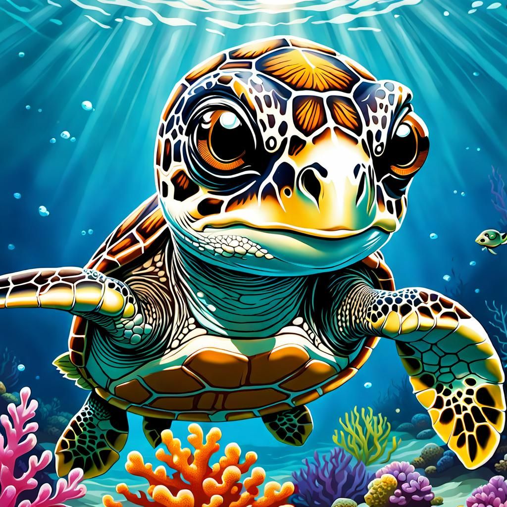 Adorable Baby Loggerhead Turtle in Lisa Frank Style