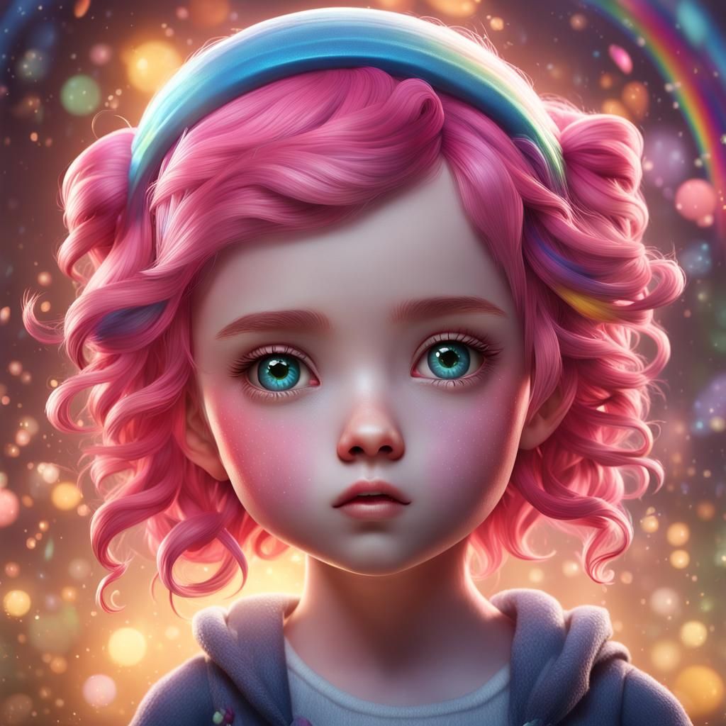 Hyperrealistic Chibi with Pink Hair and Rainbow Eyes