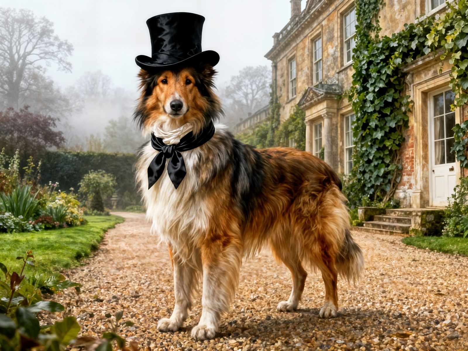 Aristocratic Rough Collie in Top Hat and Cravat