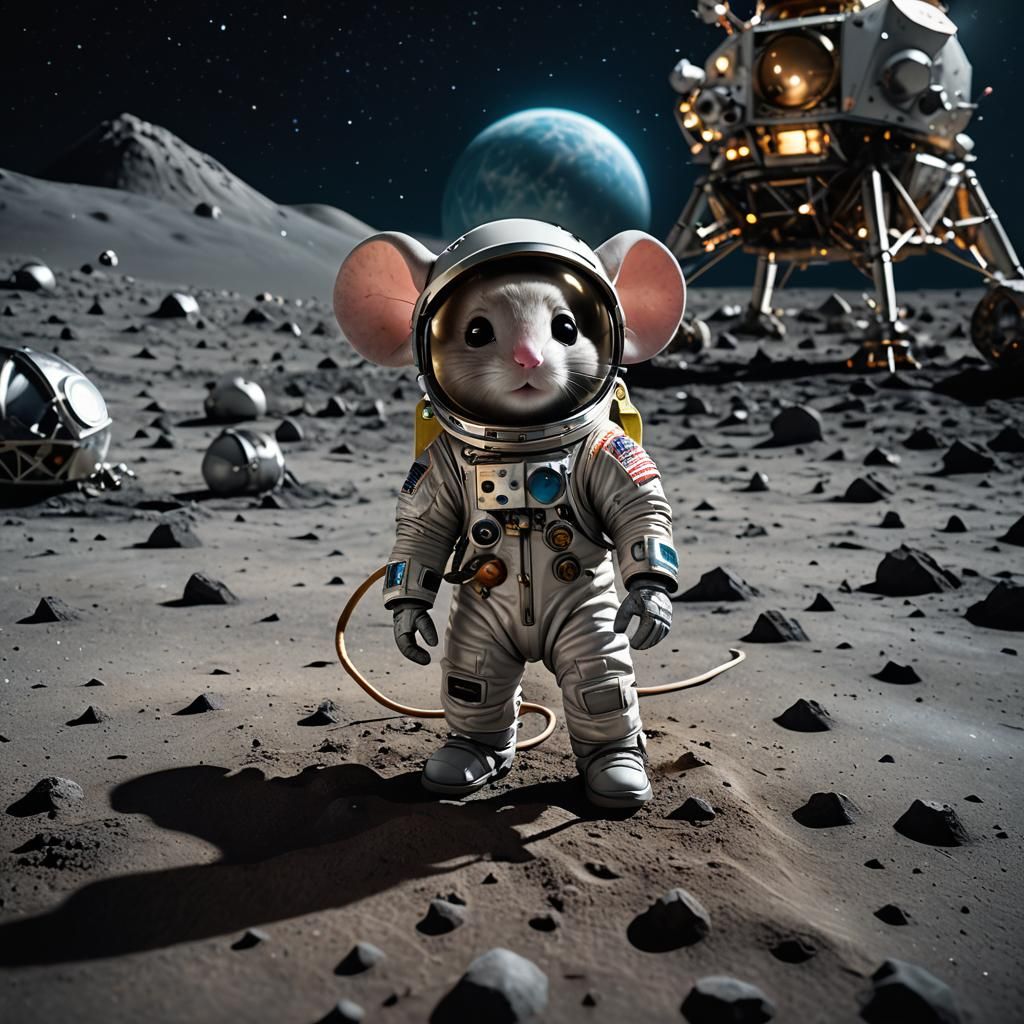 Chibi Mouse Astronaut on the Moon at Night