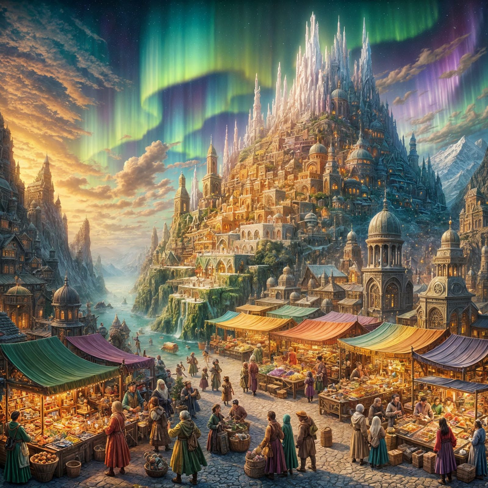 Fantasy Crystal Mountain City Marketplace with Aurora