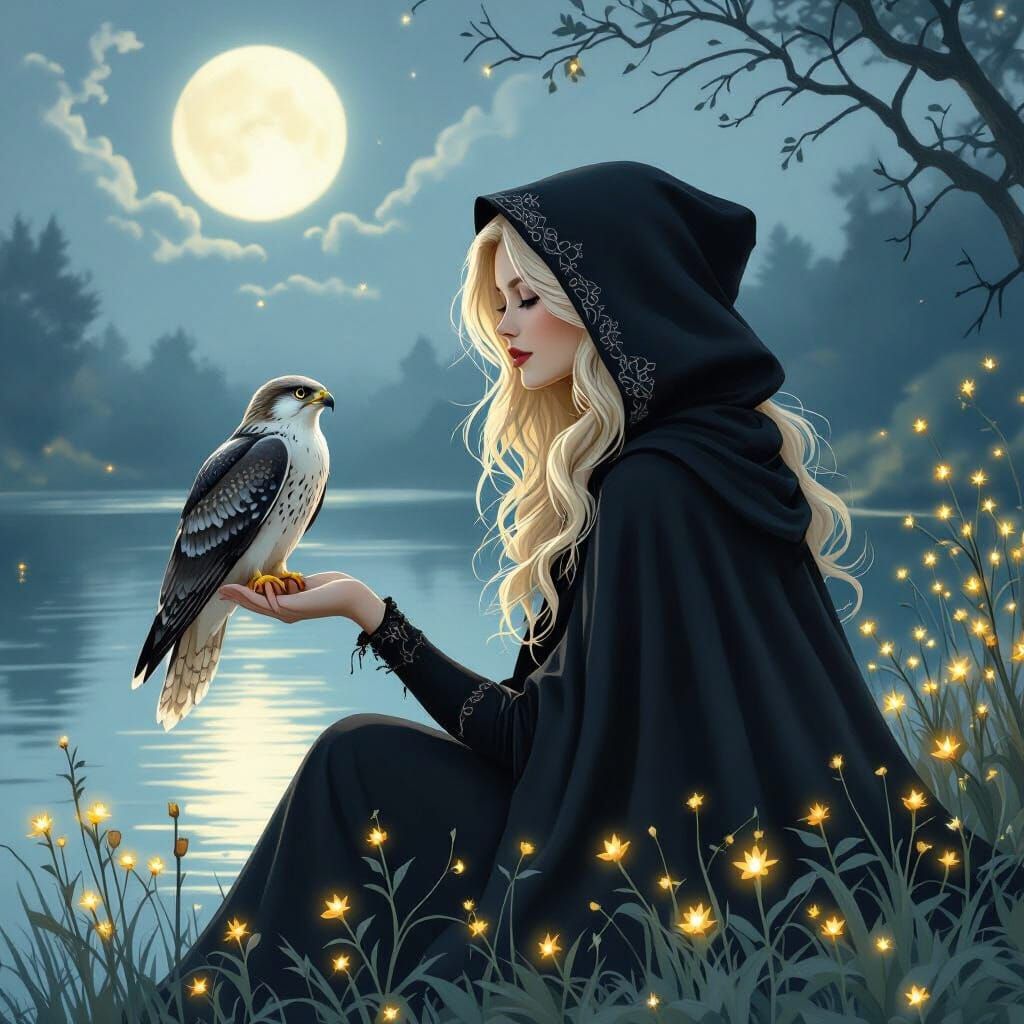 Enchanting Woman by Moonlit Lake with Mystical Hawk