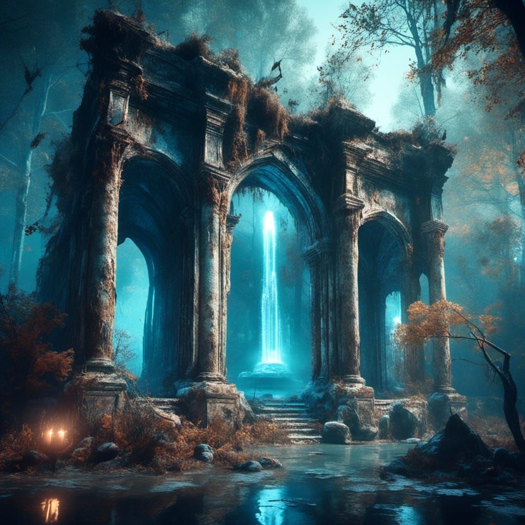 Elven Ruins in Magic Forest with Luminescent Fountain