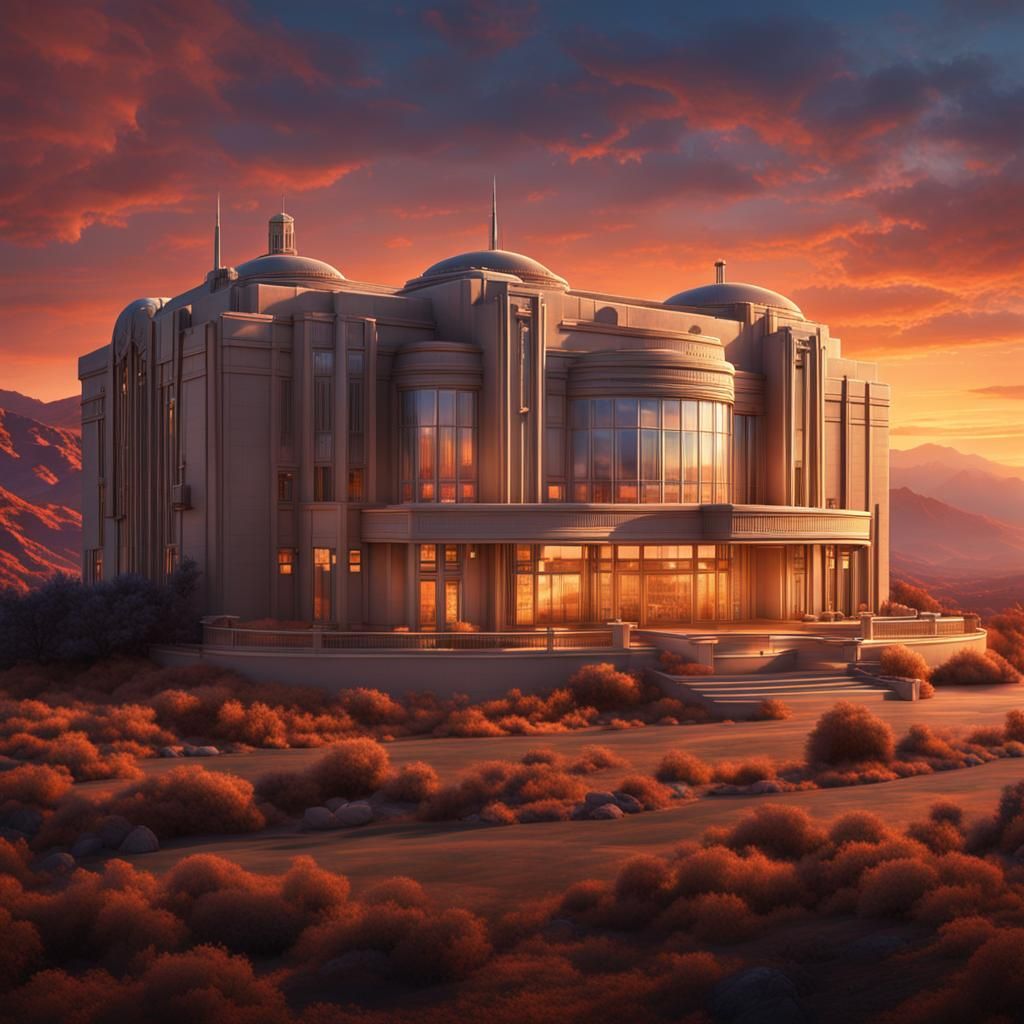 Art Deco Research Facility at Sunset: Digital Matte Painting