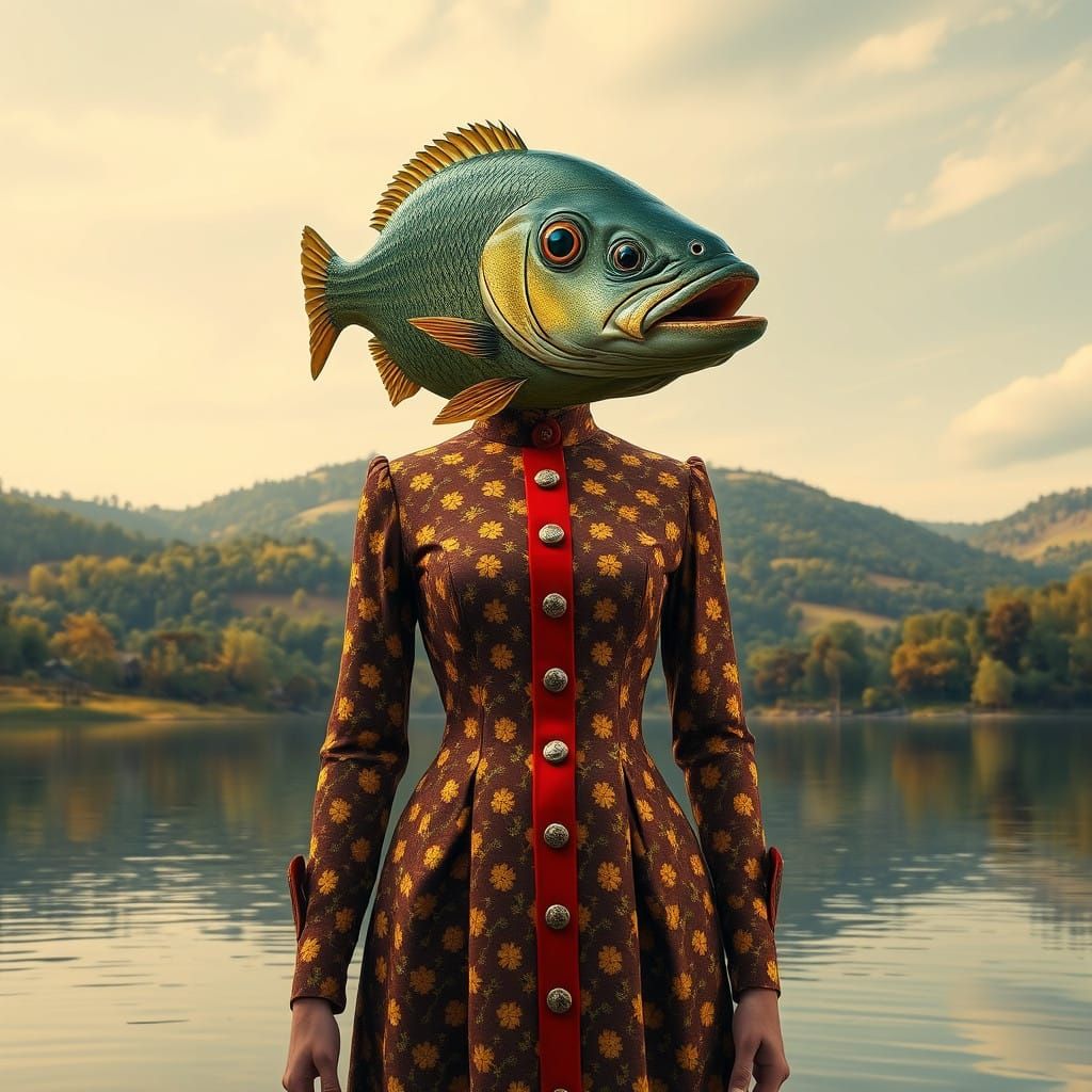 Surreal Vintage Goddess Emerges from Serene Lake in Dreamlik...