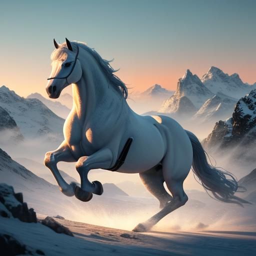 Magnificent White Horse in Mountain Landscape