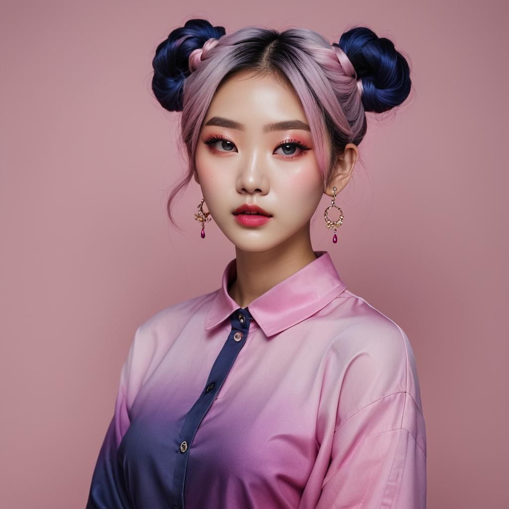 Korean Model with Magenta and Navy Ombre Hair