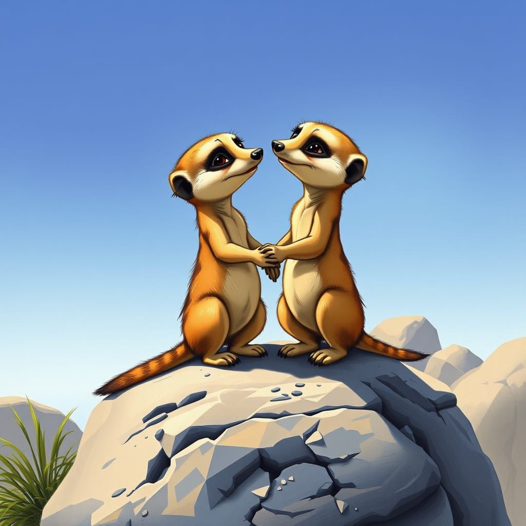 Frazetta-Inspired Meerkat Lovers Embrace on Rocky Outcroppin...