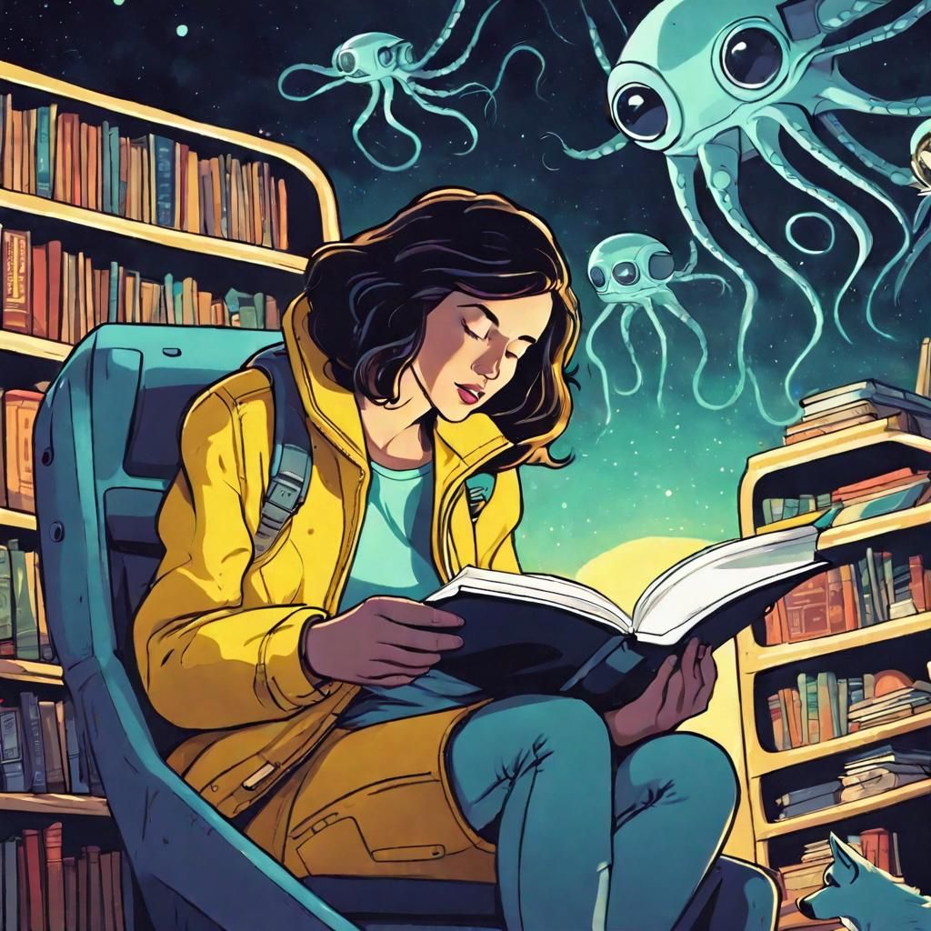Woman Reads in Spaceship Library, Animated Movie Poster