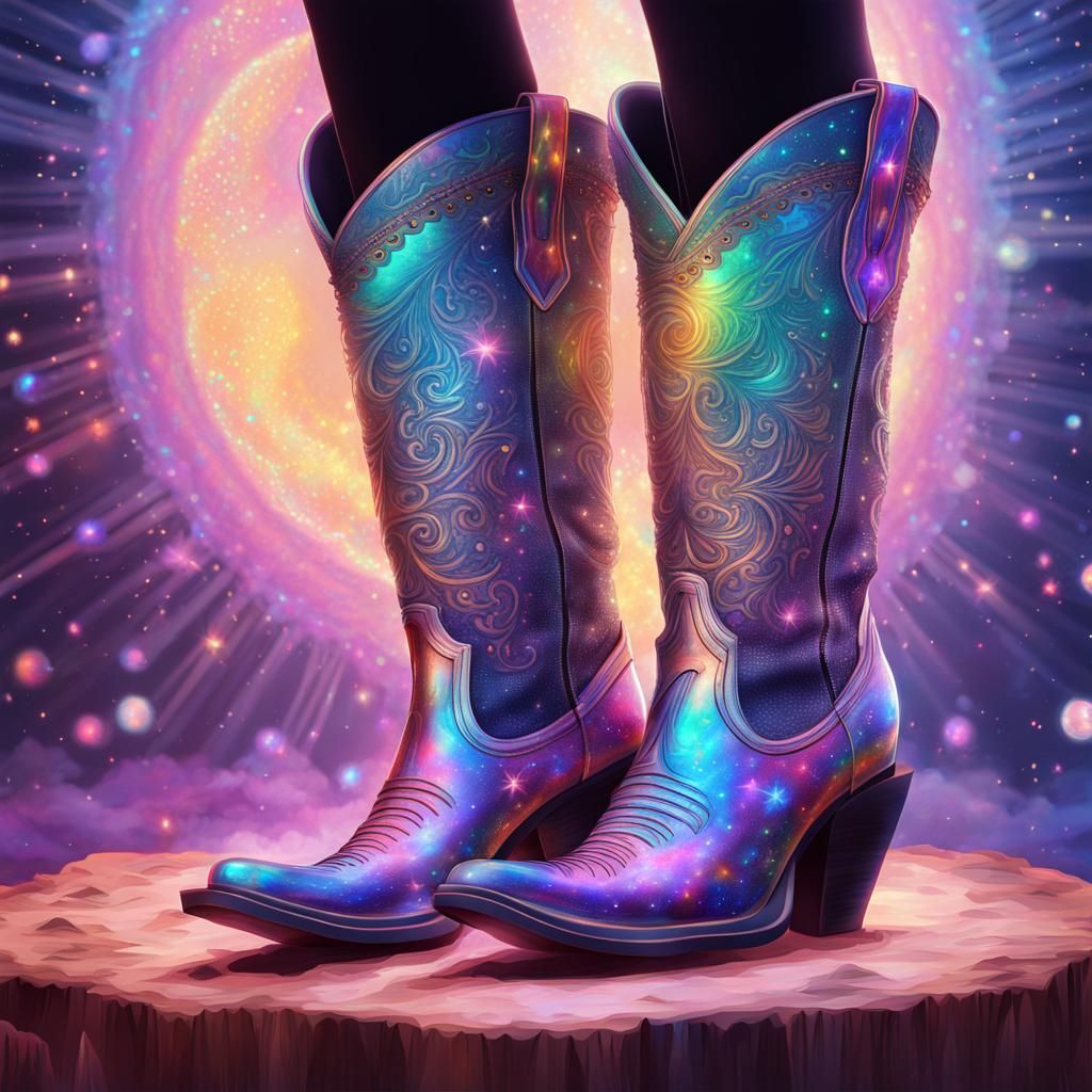 Cosmic Cowgirl Boots: Holographic Astral Illustration