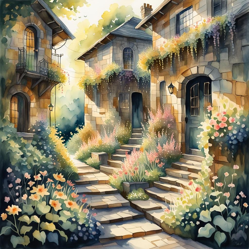 Blooming Garden in Watercolor Illustration Style