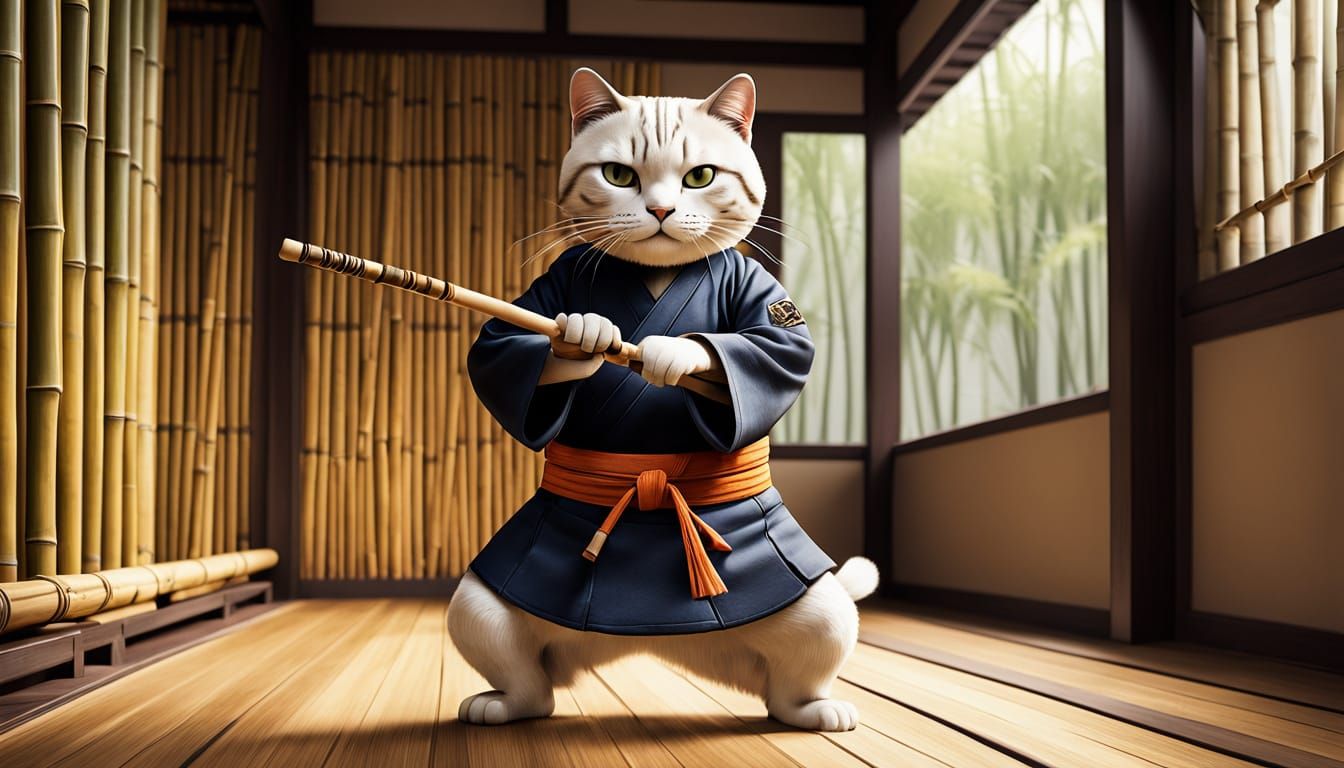 Cat Kendo Master in Dojo: Anime Concept Art