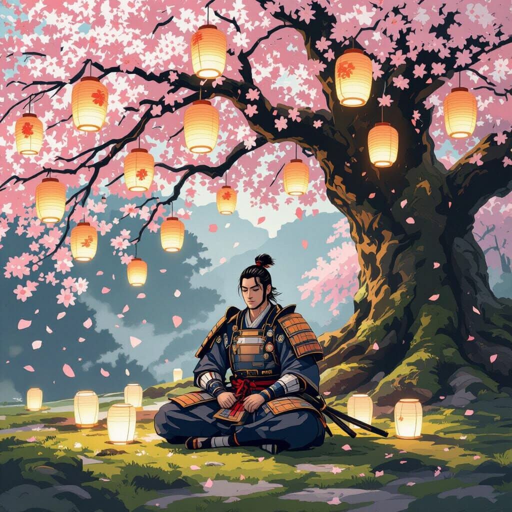 Samurai Meditating Under Cherry Tree in Ukiyo-e