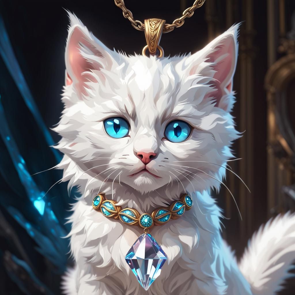 Blue-Eyed Kitten with Crystal Pendant, Detailed Portrait