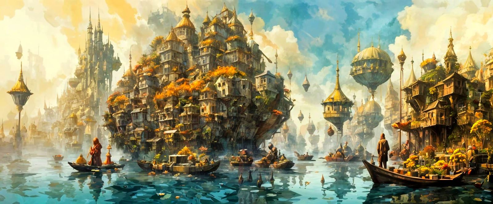 Alien Merchant in Floating City Bazaar, Watercolor Fantasy