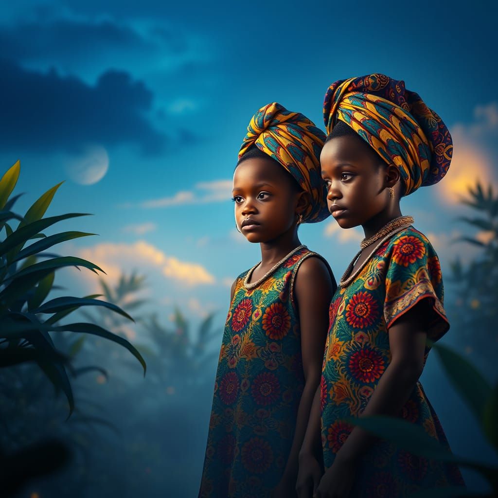 Young African Girls in Vibrant Attire Amidst Ethereal Landsc...